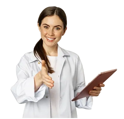 Imagen Diseñada por Freepik joven fisioterapeuta profesional alargando la mano y transmitiendo confianza